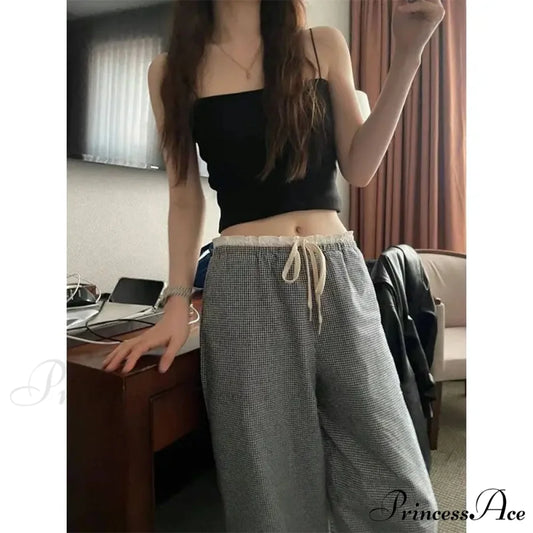 Checked Elevated Waist Loose Trousers pants-241228