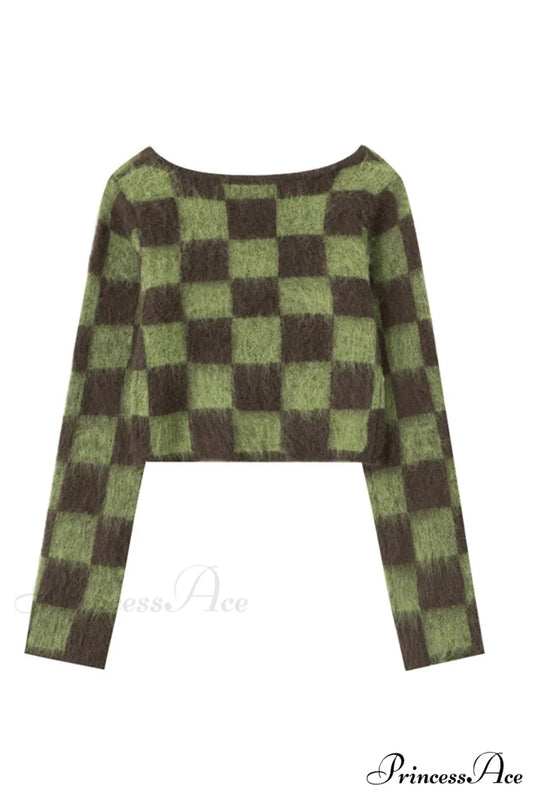 Checkerboard V Neck Mohair Sweater