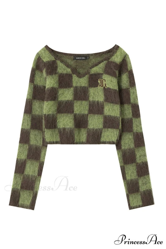 Checkerboard V Neck Mohair Sweater Green / S