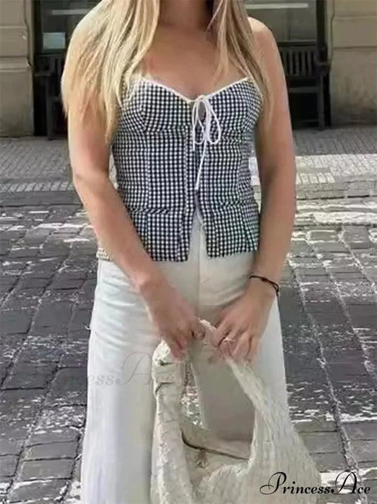 Checkered Backless Lace-up Front Split Tank Crop Top croptop-250126