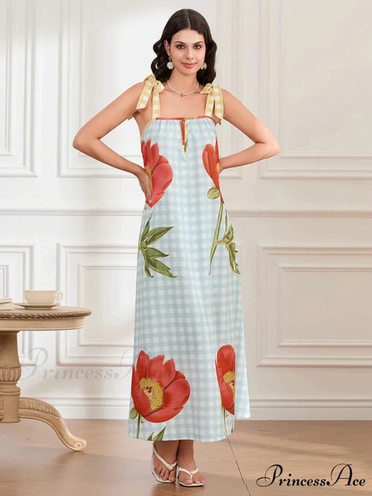 Checkered Blossom Sleeveless Tank Floral Dress floraldress-250126