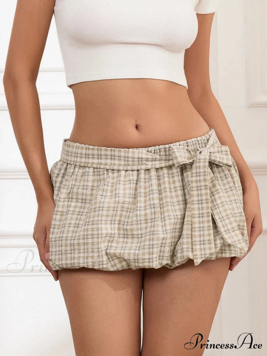 Checkered Bow Bandage Pleated Skirt skirts-250223