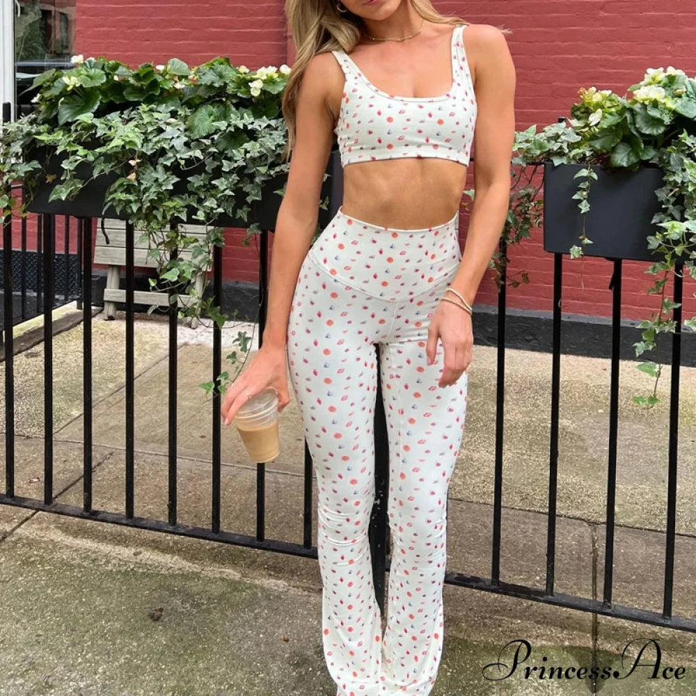 Checkered Bow Print Cropped Tank High Waist Slim Leggings Two Pieces Set red / S twopiecesset-250126