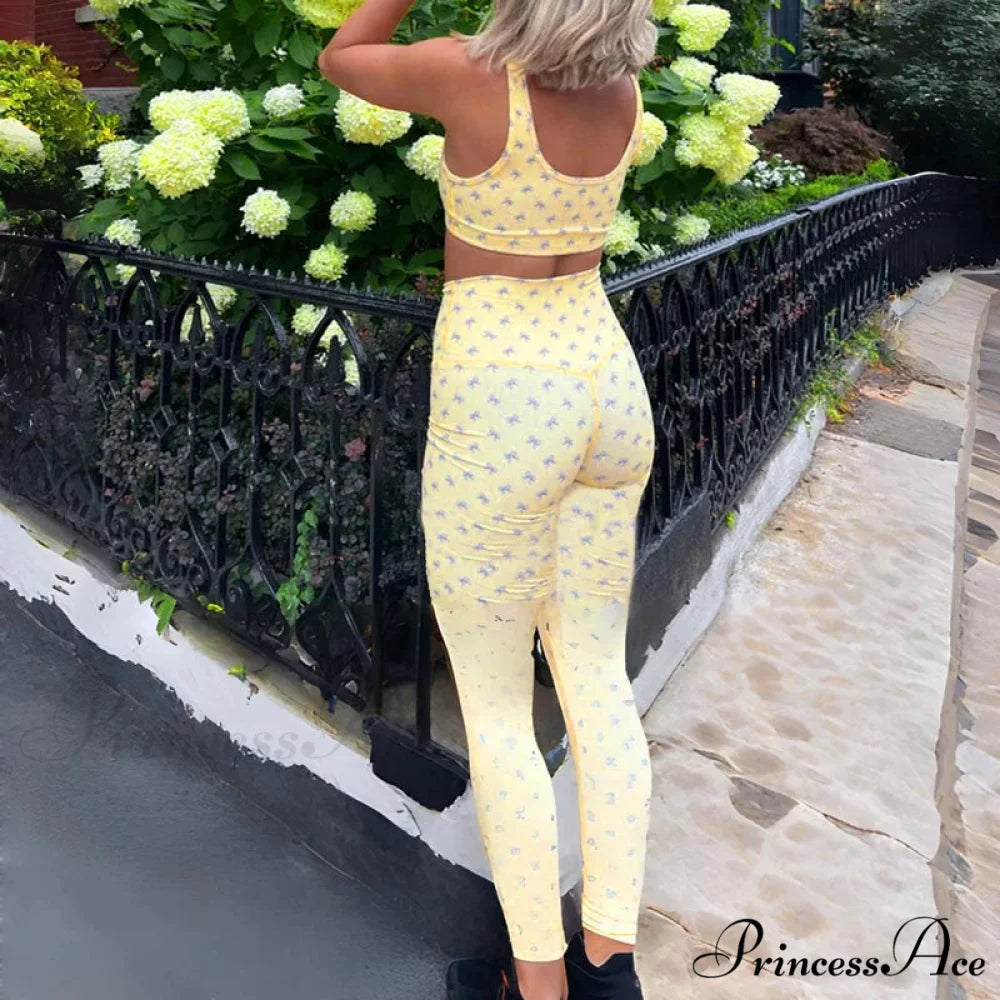 Checkered Bow Print Cropped Tank High Waist Slim Leggings Two Pieces Set twopiecesset-250126