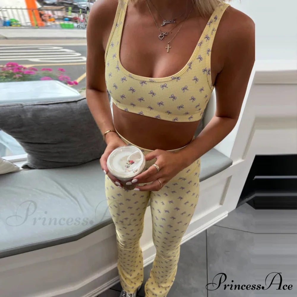 Checkered Bow Print Cropped Tank High Waist Slim Leggings Two Pieces Set twopiecesset-250126
