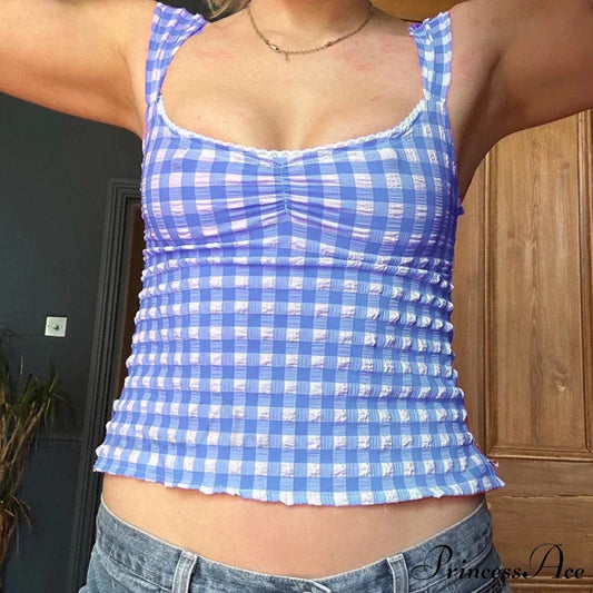 Checkered Checked Lace Trim Square Collar Slim Fit Y2K Vintage Backless Crop Top Blue / S croptop-250126