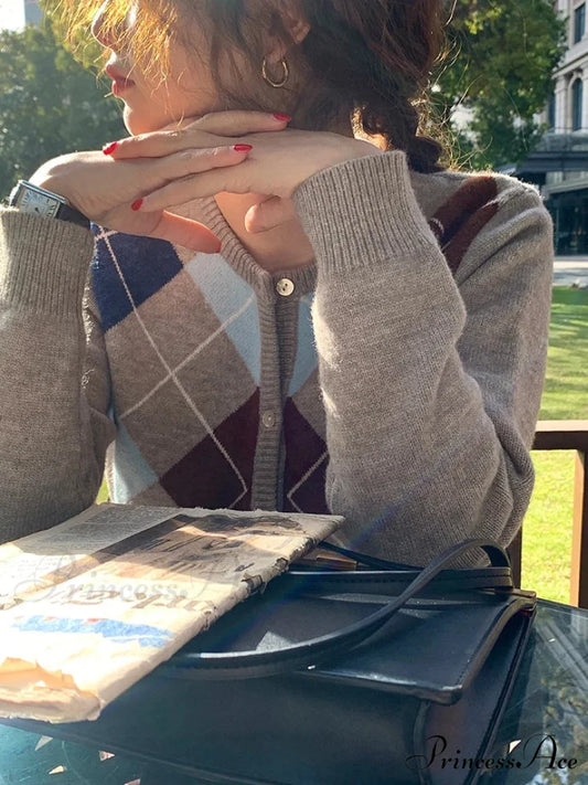 Checkered Circular Neck Baggy Knit Cardigan cardigans-241228