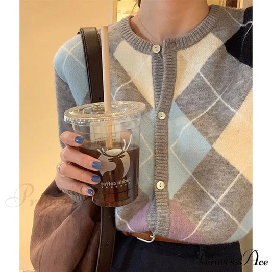 Checkered Circular Neck Baggy Knit Cardigan GRAY / One Size cardigans-241228