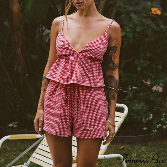 Checkered Deep Neck Open-Back Lace-Up Camis Elastic Waist Shorts Two Pieces Set Red / S twopiecesset-250126