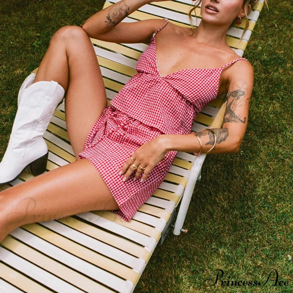 Checkered Deep Neck Open-Back Lace-Up Camis Elastic Waist Shorts Two Pieces Set twopiecesset-250126