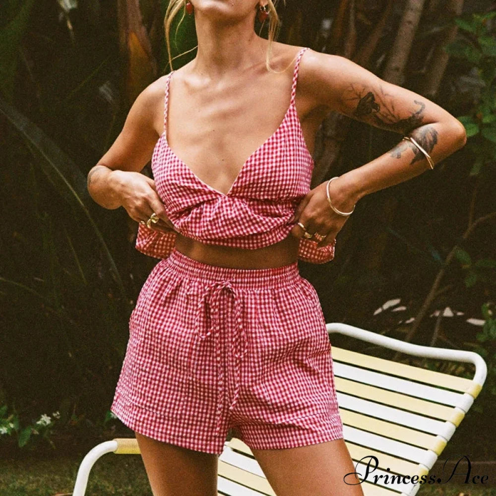 Checkered Deep Neck Open-Back Lace-Up Camis Elastic Waist Shorts Two Pieces Set twopiecesset-250126