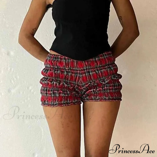 Checkered Frill Tiered Low-Cut Short red / S short-250223