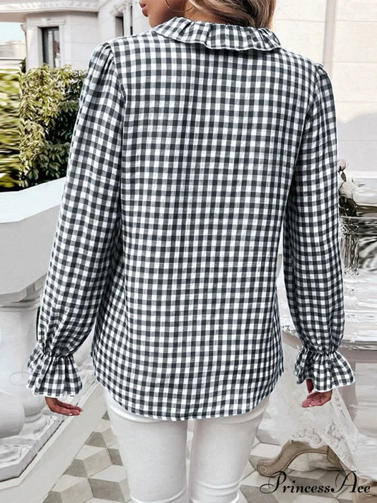 Checkered Frilled Plunging Neckline Top blouse-250223