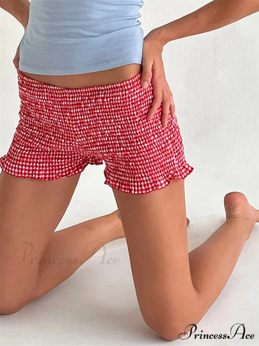 Checkered Frilled Sleepwear Lounge Short red / S short-250223