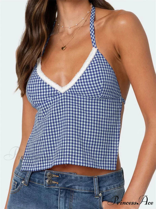 Checkered Halter Open Back Low-cut Crop Top BLUE / S croptop-250126