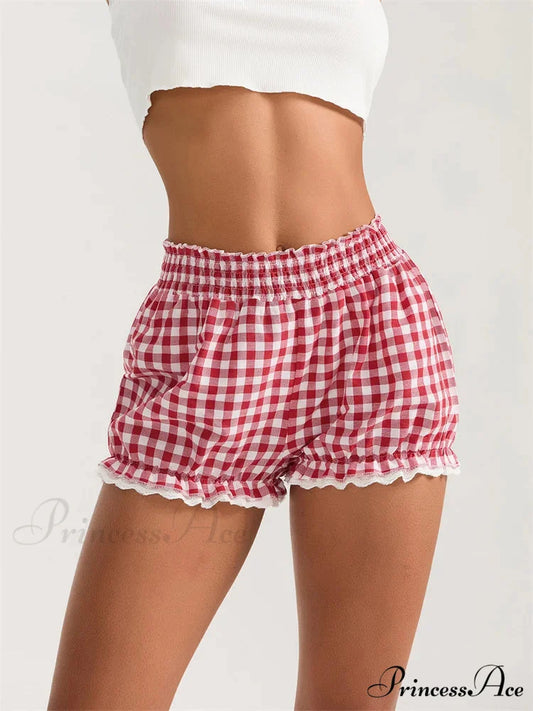 Checkered Lace Frill Bloomer Short red / S short-250223