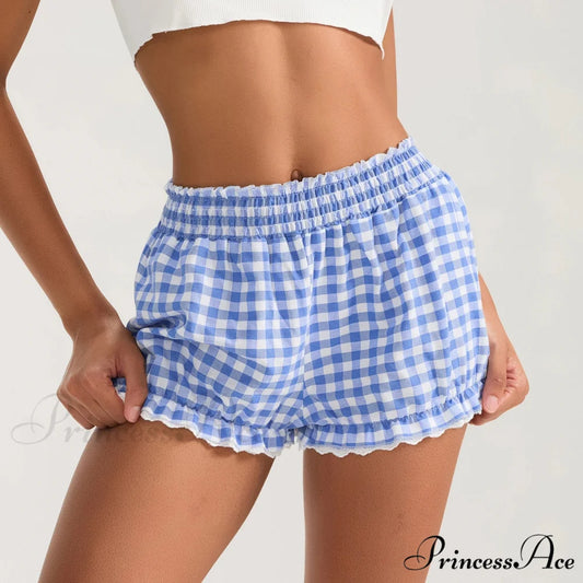 Checkered Lace Trim Flexible Waist Short blue / S short-250223