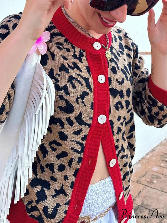 Checkered Lantern Sleeve Knit Cardigan red / S cardigans-241228