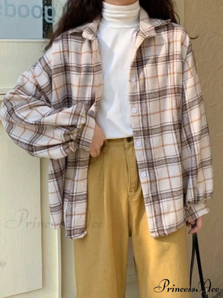 Checkered Long Graceful Sleeve Blouse Camel / S