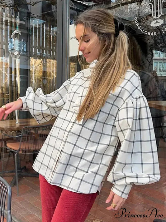 Checkered Long Sleeve Lace Up Single Breasted Top blouse-250126