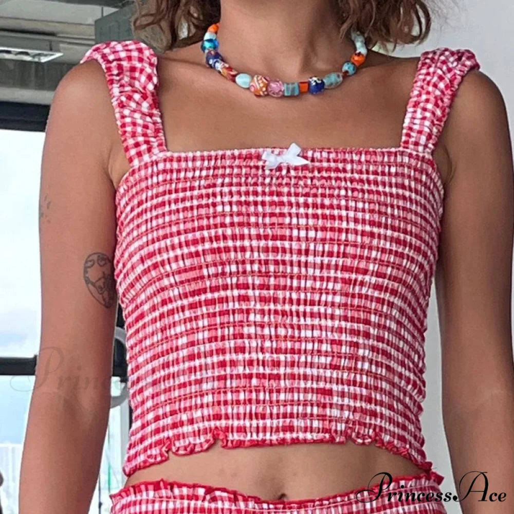 Checkered Matching Cropped Tank High Waist Shorts Two Pieces Set twopiecesset-250126