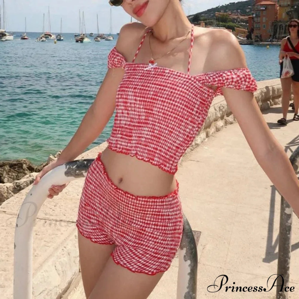 Checkered Matching Cropped Tank High Waist Shorts Two Pieces Set twopiecesset-250126