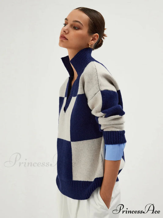 Checkered Open Graceful Collar Sweater Blue / XS