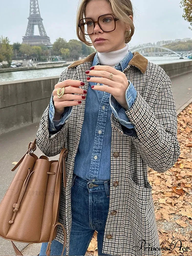 Checkered Pattern Collar Coat coats-241228