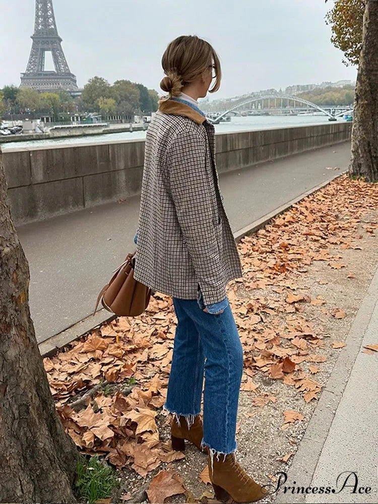 Checkered Pattern Collar Coat coats-241228