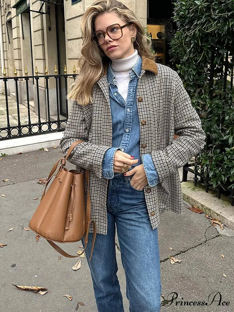 Checkered Pattern Collar Coat Plaid / S coats-241228