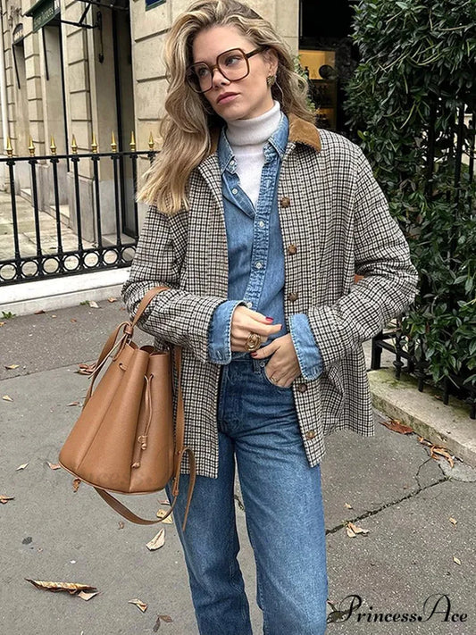 Checkered Pattern Collar Coat Plaid / S coats-241228