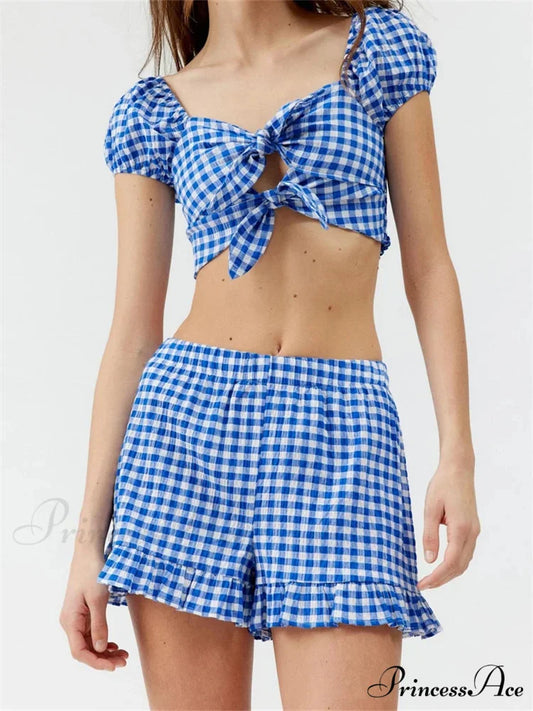 Checkered Pattern Knotted Short Sleeve T-shirt Crop Top with Stretchy Waist Shorts Set BLUE / S twopiecesset-250126