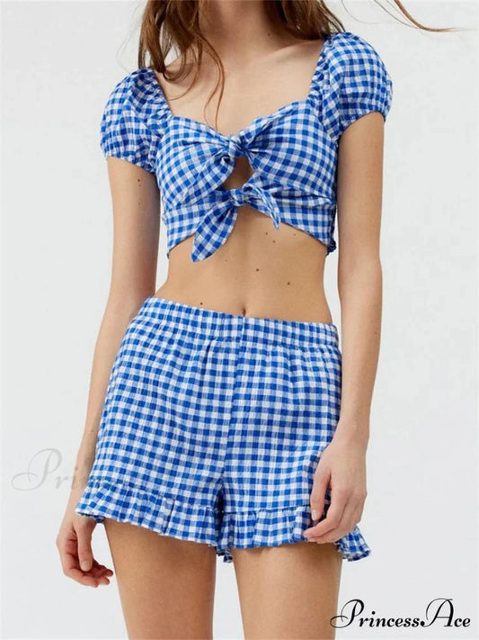 Checkered Pattern Knotted Short Sleeve T-shirt Crop Top with Stretchy Waist Shorts Set twopiecesset-250126