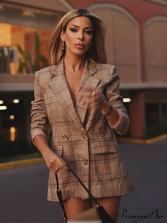 Checkered Pattern Sleek Suit Jacket Khaki / S coats-241228