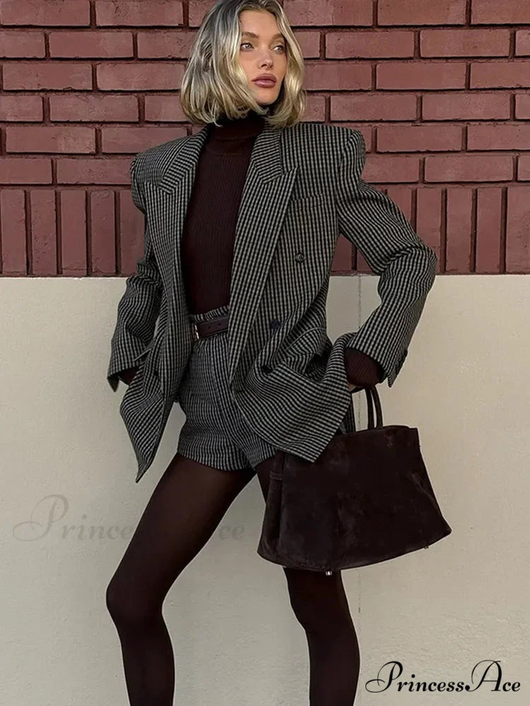 Checkered Pattern Suit Jacket coats-241228