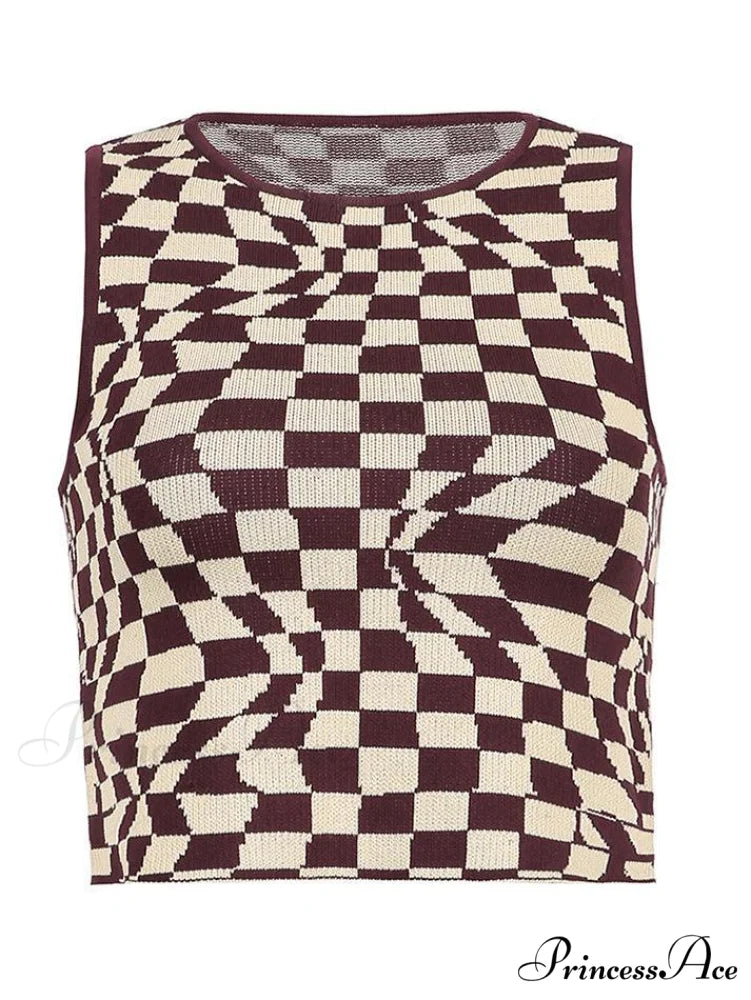 Checkered Print Graceful Button Blouse Brown / S