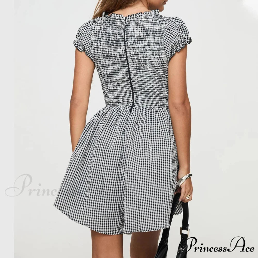 Checkered Shirred Babydoll Mini Dress minidress-250223