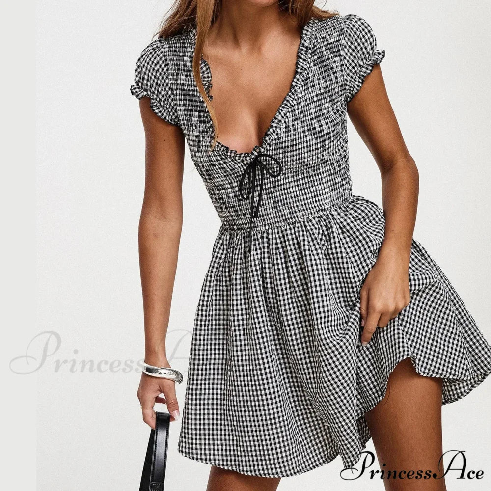 Checkered Shirred Babydoll Mini Dress minidress-250223