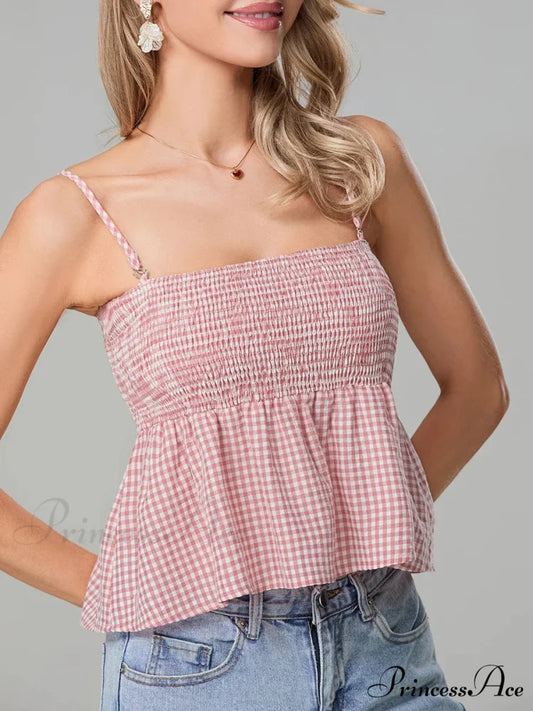 Checkered Shirred Open-Back Spaghetti Strap Frill Hem Crop Top croptop-250126