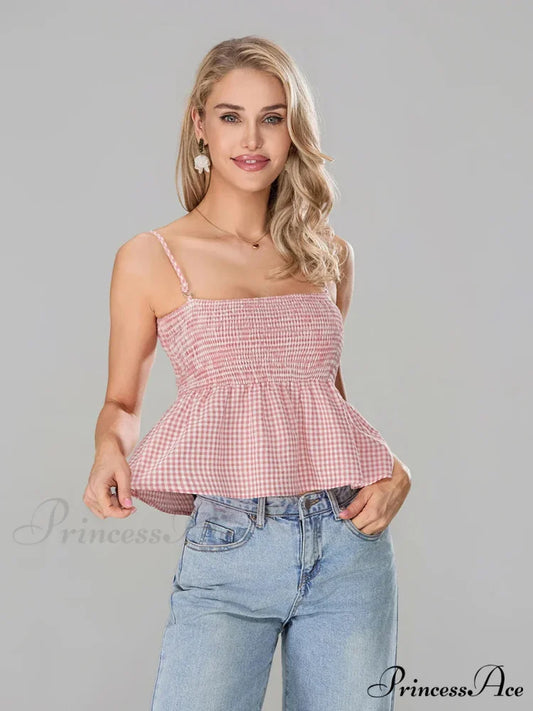 Checkered Shirred Open-Back Spaghetti Strap Frill Hem Crop Top Pink / S croptop-250126