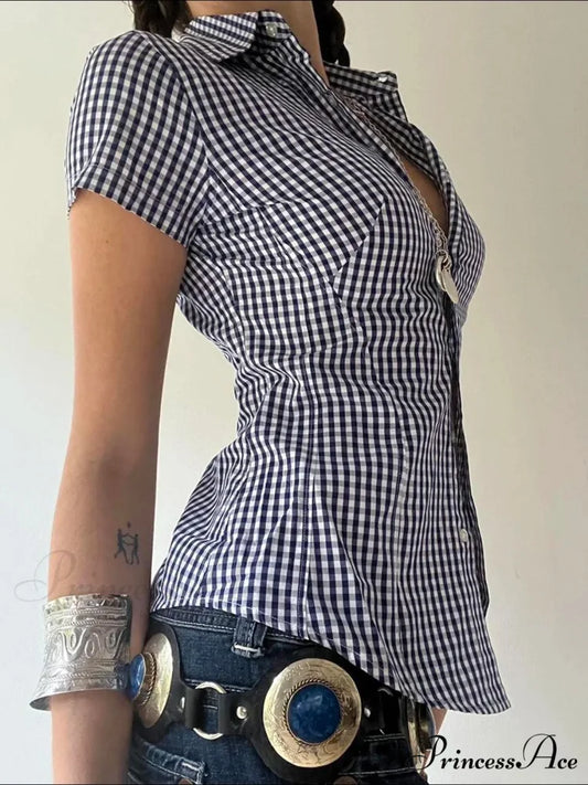 Checkered Sleek Buttoned Up Top Blue / S blouse-250223