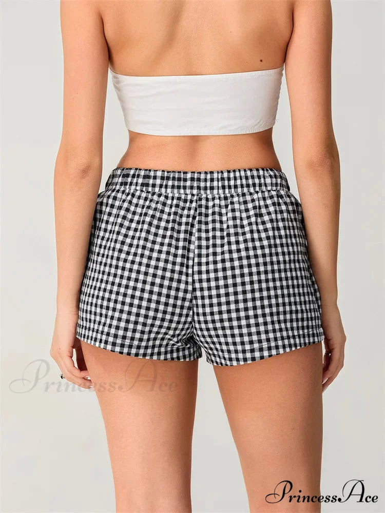 Checkered Stretchy Waist Relaxed Short short-250223