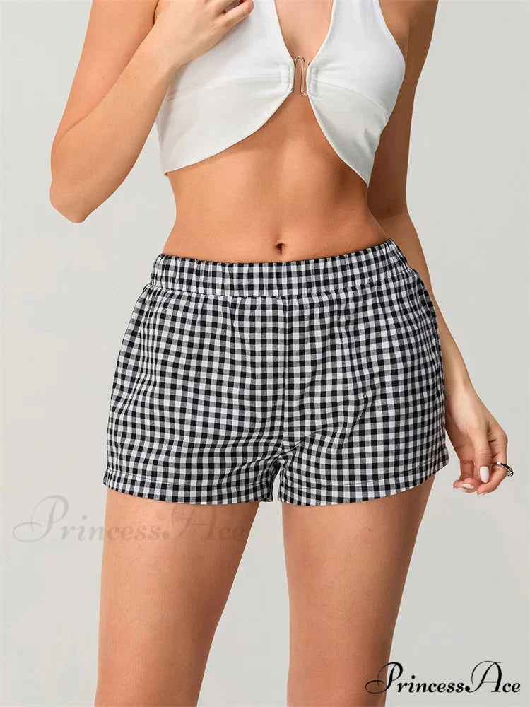 Checkered Stretchy Waist Relaxed Short short-250223