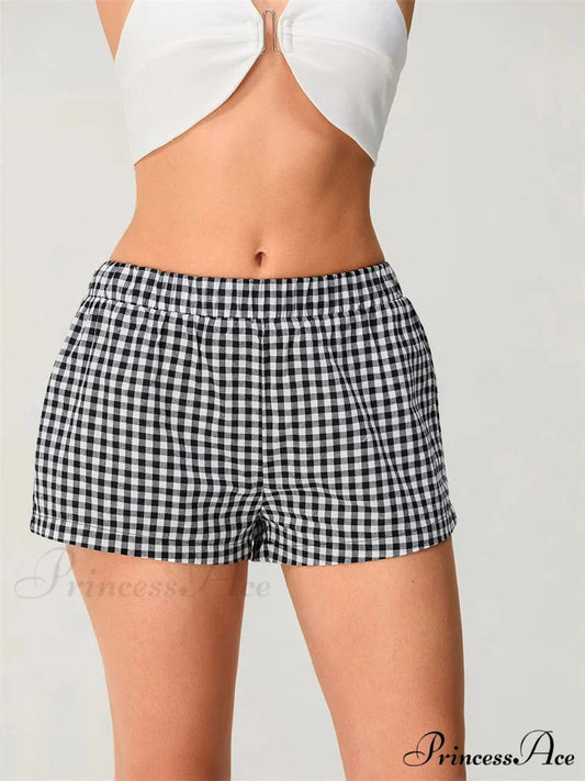 Checkered Stretchy Waist Relaxed Short black / XS short-250223