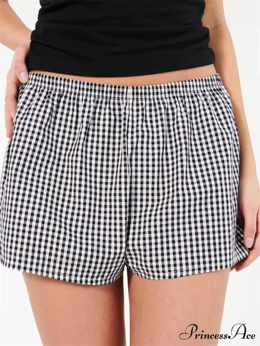 Checkered Stretchy Waist Sleep Short black / S short-250223