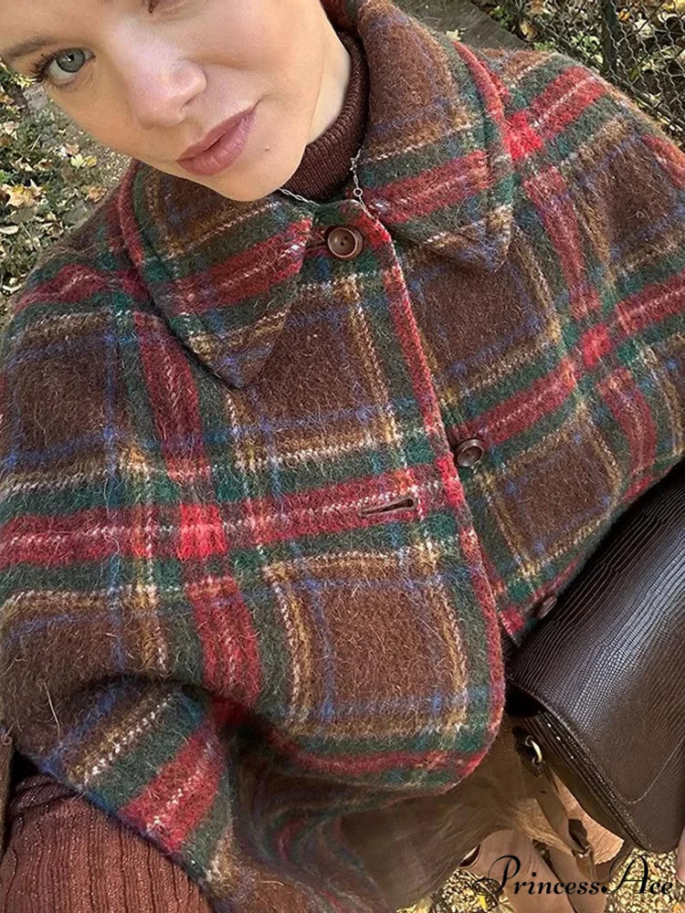Checkered Stripe Wool Blends Cape Coat coats-241228