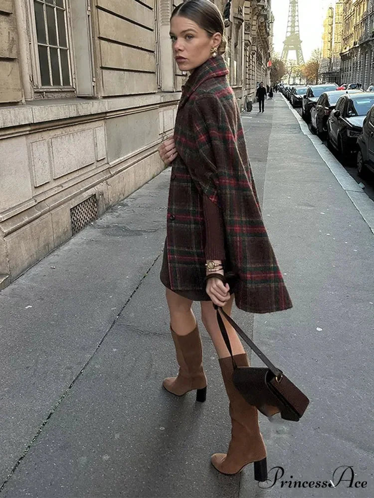 Checkered Stripe Wool Blends Cape Coat coats-241228