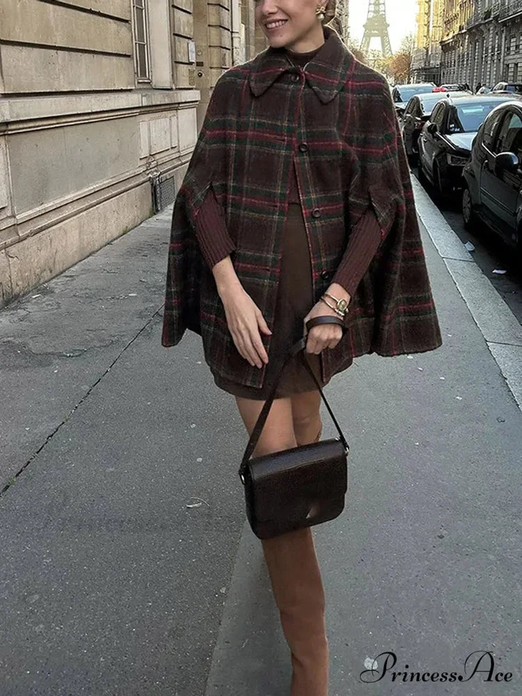 Checkered Stripe Wool Blends Cape Coat coats-241228