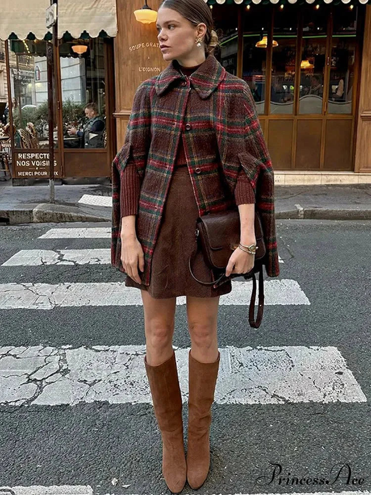 Checkered Stripe Wool Blends Cape Coat Figure Color / S coats-241228