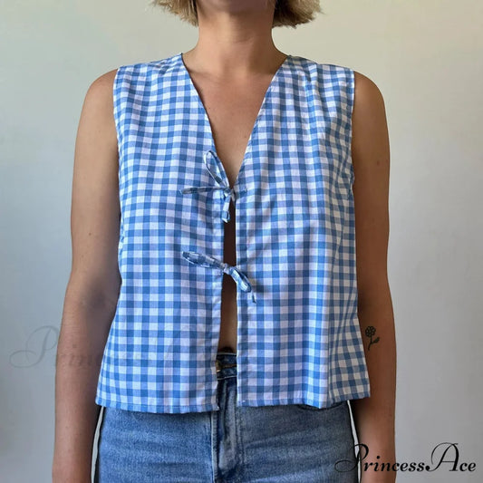 Checkered Tie Front Crop Top Blue / S croptop-250223